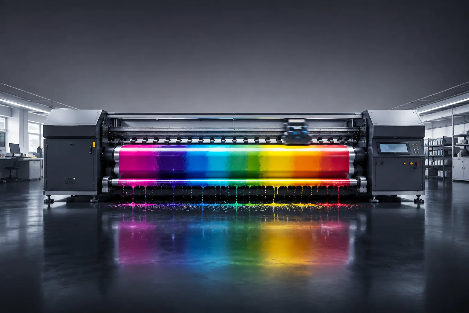 Impresora produciendo una pieza gráfica de colores vibrantes