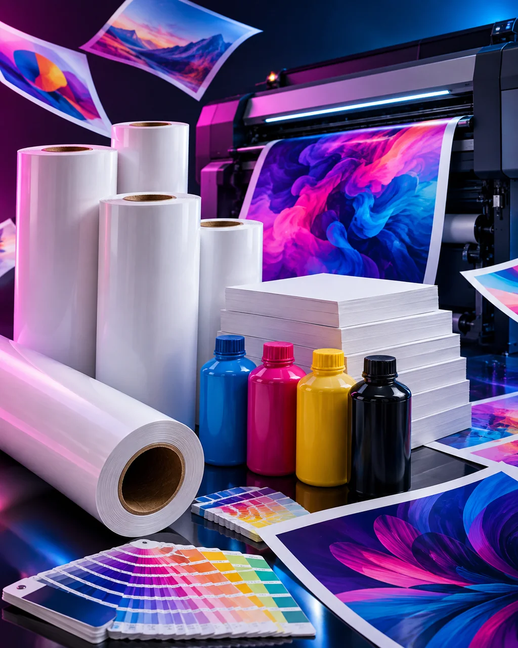 Rollos de vinil, resmas de papel, tintas CMYK y una impresora de gran formato imprimiendo un gráfico de color vibrante