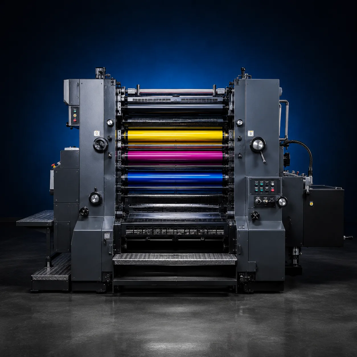 Máquina de impresión offset y sus colores CMYK